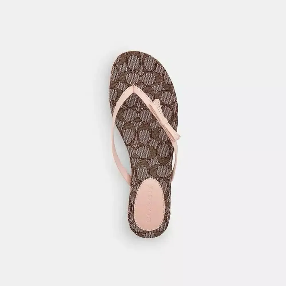 NWT Coach Woman Bow Flip Flop Signature Jacquard Oak/Candy Pink CEE17 us 10